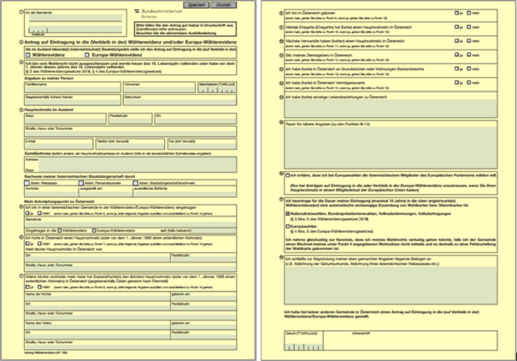 Gelbes Formular - Muster für Antrag auf Eintragung in die Wählerevidenz © BMI