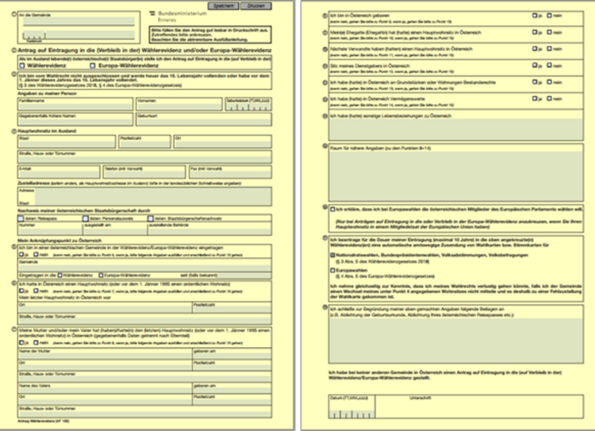Gelbes Formular - Muster für Antrag auf Eintragung in die Wählerevidenz © BMI